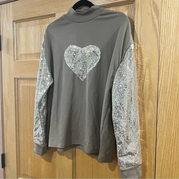 Sequin Heart Long Sleeve Top with Matching Joggers - Taupe - Picture 5 of 13